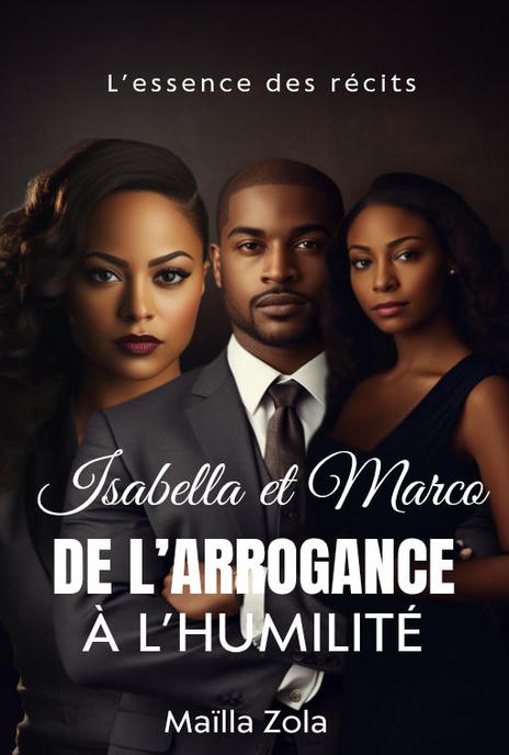 Illustration d’un homme noir en costume entouré de deux femmes, couverture du roman “Isabella & Marco – De l’arrogance à l’humilité”.