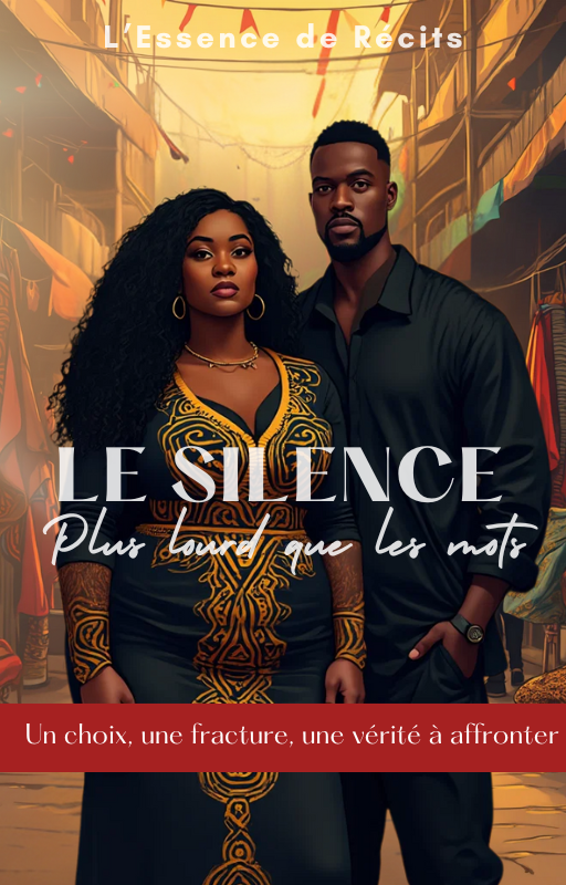Illustration d’un homme et d’une femme noirs debout dans un marché, vêtus d’habits traditionnels, couverture du roman “Le Silence, plus lourd que les Mots”.